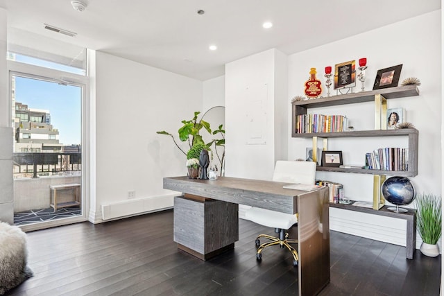 office featuring dark wood-style floors, visible vents, and recessed lighting