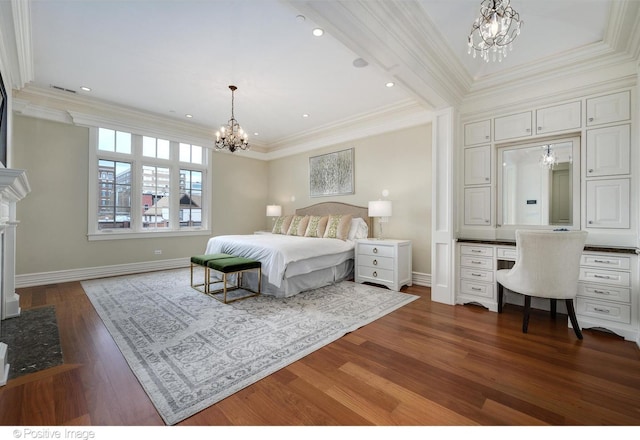 bedroom with ornamental molding, visible vents, a chandelier, dark wood-style floors, and baseboards