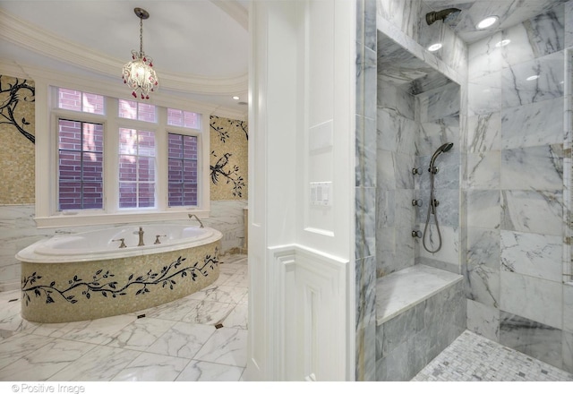 full bathroom featuring an inviting chandelier, a tile shower, a bath, marble finish floor, and ornamental molding