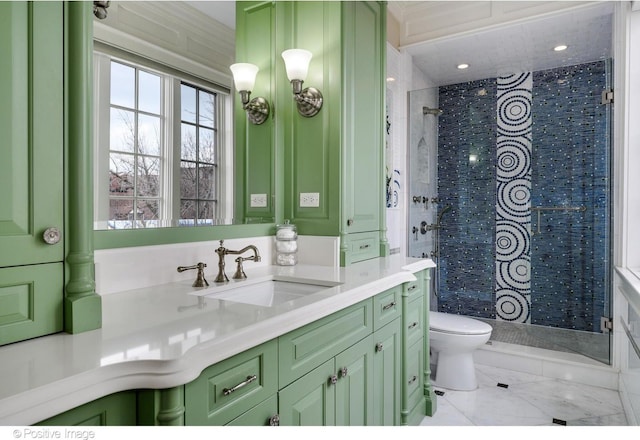 full bath featuring a stall shower, vanity, and toilet