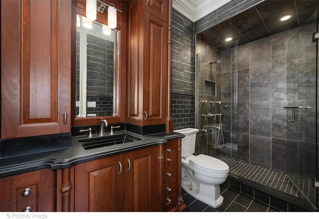bathroom with tile patterned floors, toilet, and a shower stall