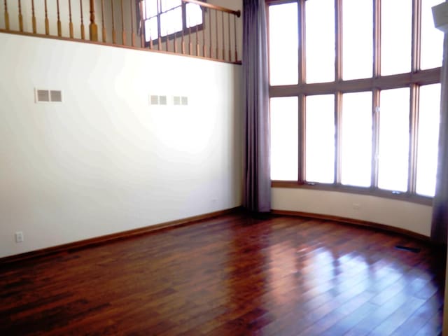 spare room featuring dark wood-style flooring, visible vents, and baseboards