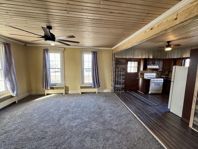 unfurnished living room featuring radiator, wooden ceiling, and crown molding