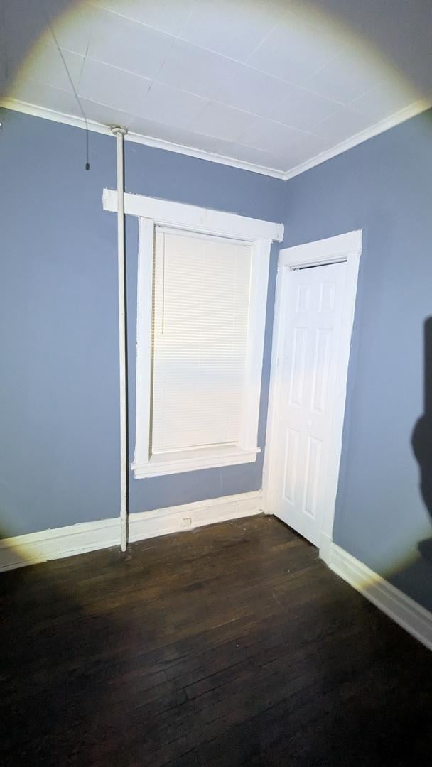 empty room with crown molding and dark hardwood / wood-style floors