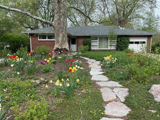 single story home featuring a shingled roof, brick siding, a chimney, and an attached garage