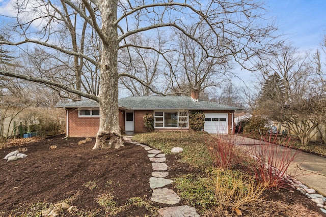 ranch-style house featuring driveway, a shingled roof, a chimney, an attached garage, and brick siding