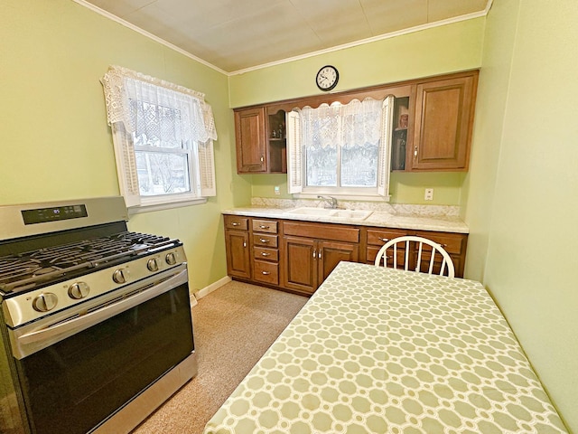 kitchen with brown cabinets, light countertops, ornamental molding, a sink, and gas range