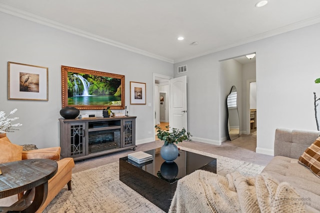 living room featuring carpet floors, visible vents, crown molding, and baseboards