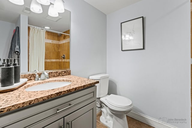 bathroom featuring baseboards, visible vents, toilet, curtained shower, and vanity