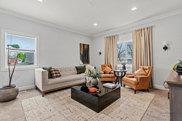 living area featuring ornamental molding, recessed lighting, light carpet, and baseboards