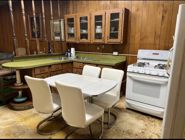 kitchen featuring wooden walls, sink, and white appliances