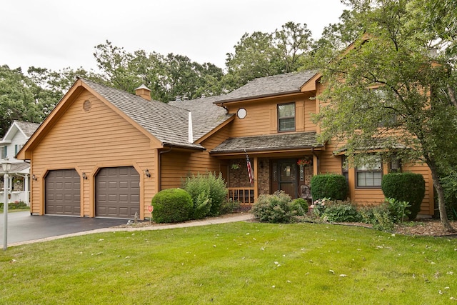 rustic home with driveway, a front yard, a garage, brick siding, and a chimney