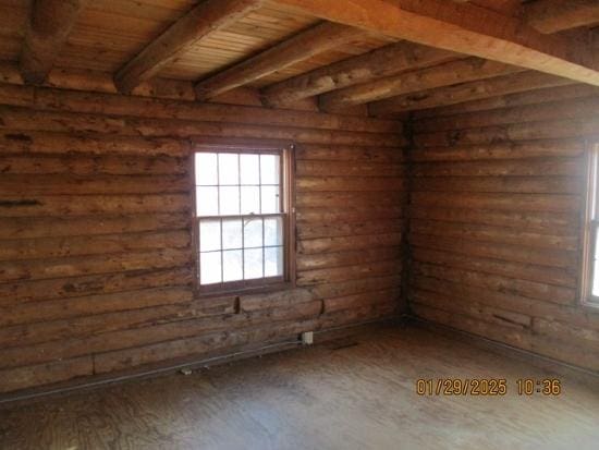 125 N Anderson Rd, New Lenox, IL 60451 - interior space with wooden ceiling, beamed ceiling, and log walls