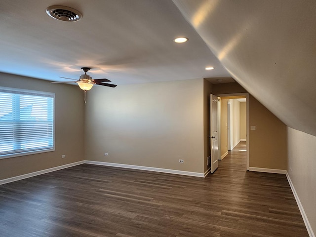 bonus room featuring baseboards, visible vents, a ceiling fan, dark wood-style flooring, and recessed lighting