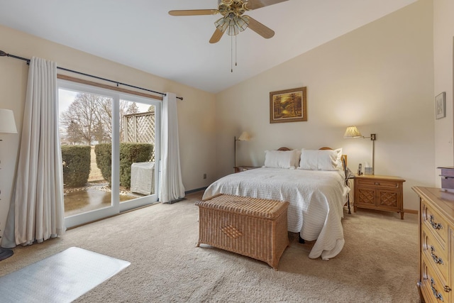 bedroom with ceiling fan, light colored carpet, vaulted ceiling, and access to outside