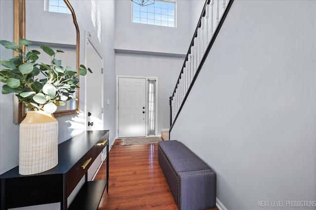 entryway with dark wood-type flooring and a towering ceiling