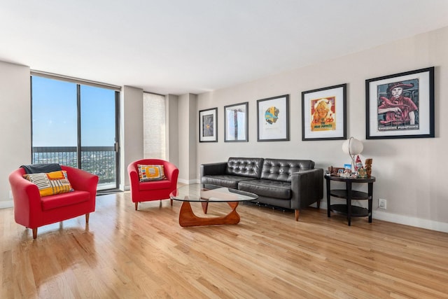 living room featuring a wall of windows and light hardwood / wood-style floors