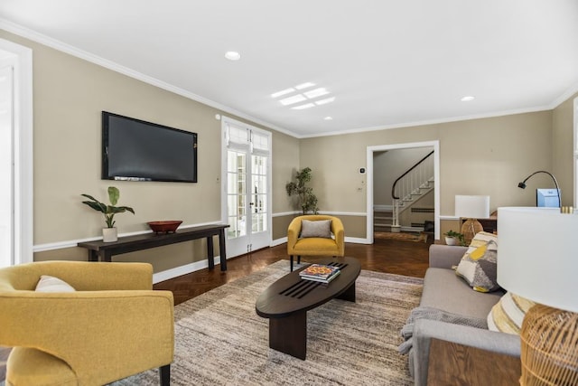 living area featuring baseboards, stairs, crown molding, french doors, and recessed lighting