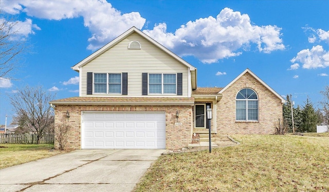 view of front of house featuring a garage, brick siding, fence, driveway, and a front lawn