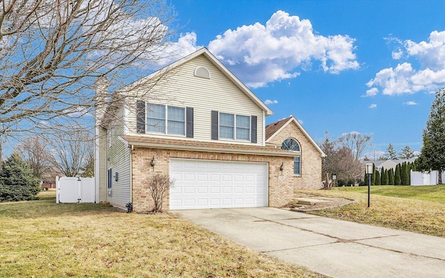 traditional home featuring a garage, concrete driveway, a chimney, a front lawn, and brick siding