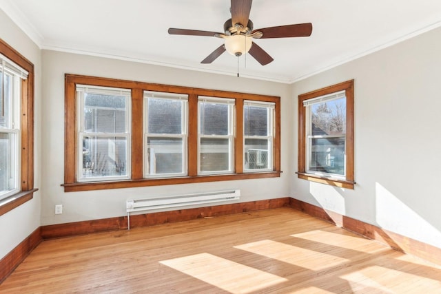 unfurnished sunroom featuring ceiling fan and baseboard heating