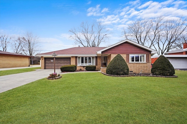 ranch-style house with a garage and a front lawn