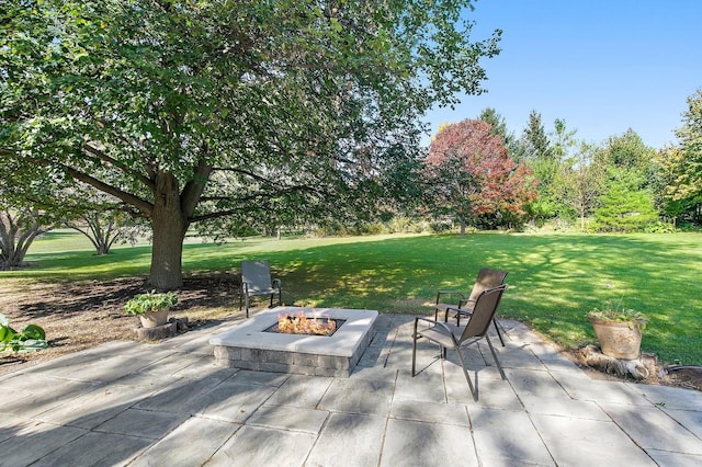 view of patio / terrace featuring an outdoor fire pit