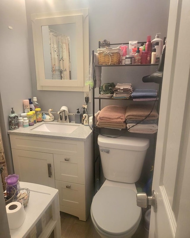 bathroom featuring vanity, wood-type flooring, and toilet