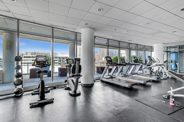 gym with a paneled ceiling and a wall of windows