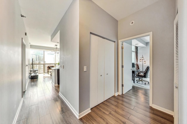 hallway with hardwood / wood-style floors and a chandelier