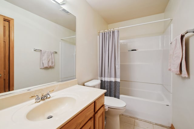 full bathroom with vanity, shower / bathtub combination with curtain, visible vents, tile patterned flooring, and toilet