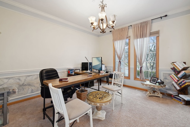 carpeted office space with wainscoting, an inviting chandelier, and ornamental molding