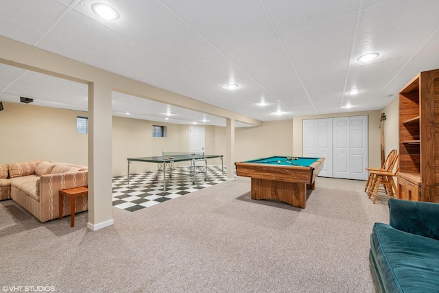 playroom featuring a drop ceiling, recessed lighting, carpet, pool table, and baseboards