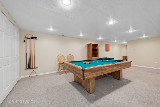 recreation room with baseboards, billiards, and carpet