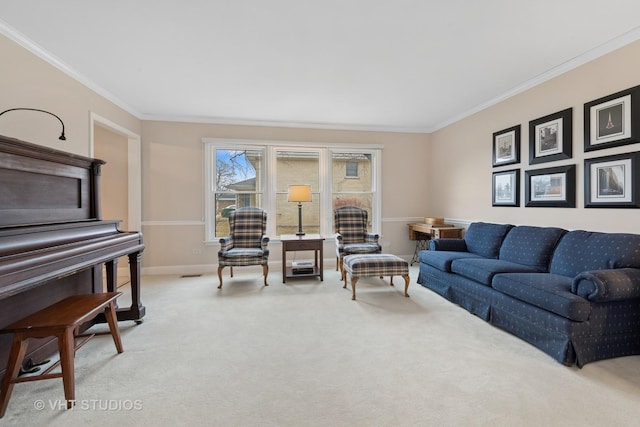 living area featuring visible vents, baseboards, light colored carpet, and ornamental molding