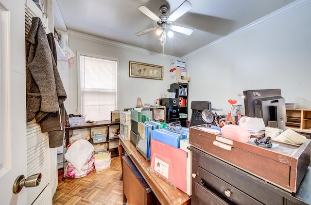 office area featuring ceiling fan, ornamental molding, and light parquet flooring