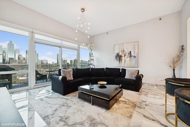 living room with a notable chandelier