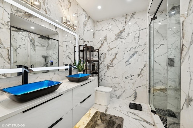 bathroom featuring vanity, toilet, and a shower with shower door