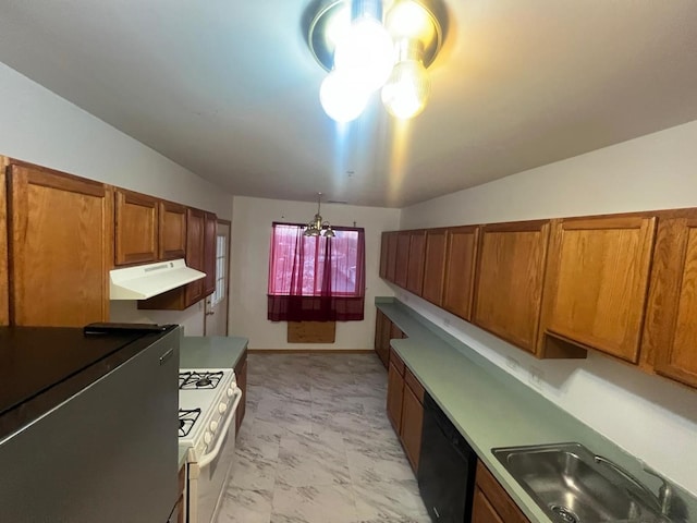 kitchen with extractor fan, white range with gas stovetop, a sink, black dishwasher, and marble finish floor