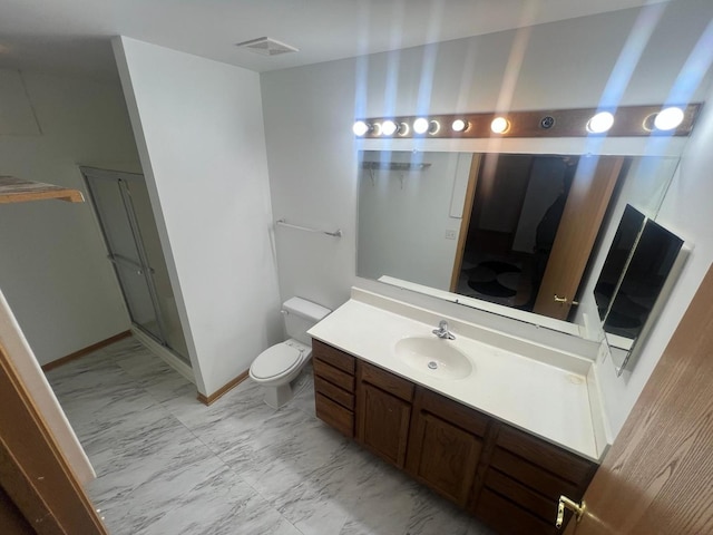 full bath with toilet, vanity, visible vents, baseboards, and marble finish floor