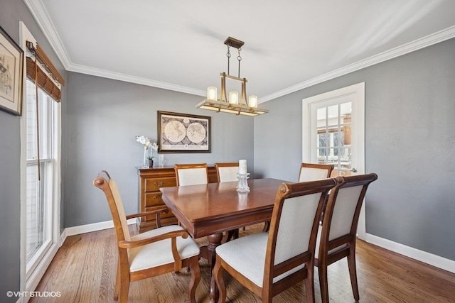 dining area with ornamental molding, a wealth of natural light, and wood finished floors