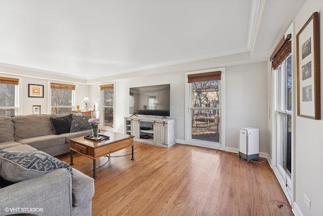 living area with baseboards and wood finished floors