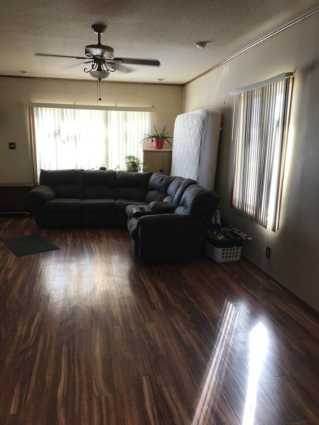 living room featuring ceiling fan, dark wood-type flooring, and a textured ceiling