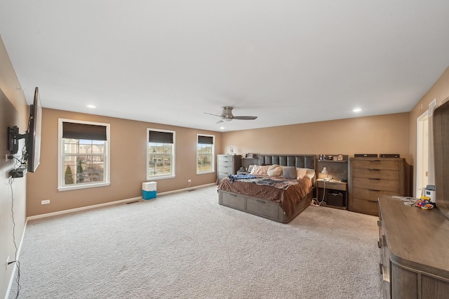 bedroom featuring baseboards, carpet floors, a ceiling fan, and recessed lighting