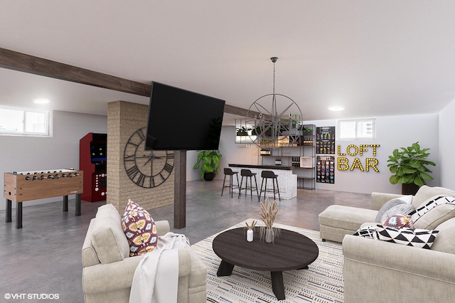 living room with indoor bar, beam ceiling, and concrete floors