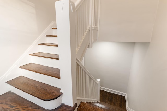 stairway with hardwood / wood-style floors