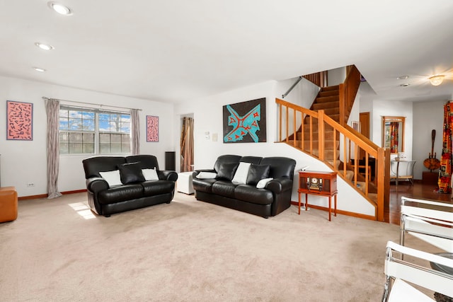 living room with recessed lighting, carpet flooring, baseboards, and stairs