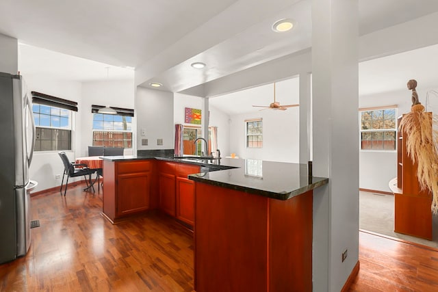 kitchen with a peninsula, a healthy amount of sunlight, a sink, and freestanding refrigerator