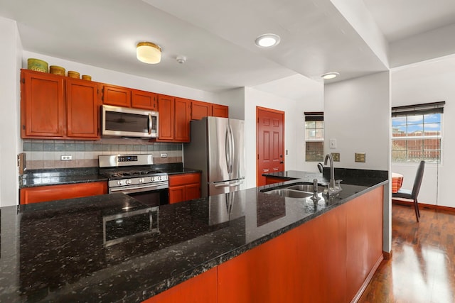 kitchen with stainless steel appliances, tasteful backsplash, dark wood-type flooring, a sink, and dark stone countertops