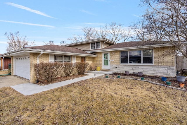 split level home with an attached garage, stone siding, driveway, and roof with shingles